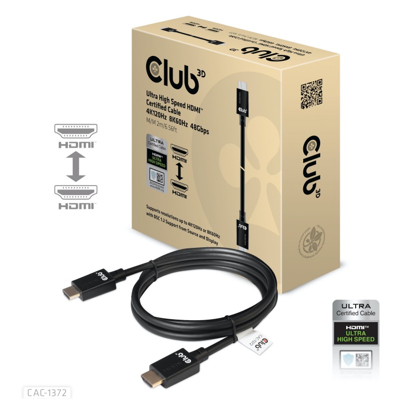 CLUB3D Ultra High Speed HDMI 4K120Hz, 8K60Hz Certified Cable 48Gbps M M 2 m 6.56 ft CLUB3D Ultra High Speed HDMI 4K120Hz, 8K60Hz Certified Cable 48Gbps M M 2 m 6.56 ft