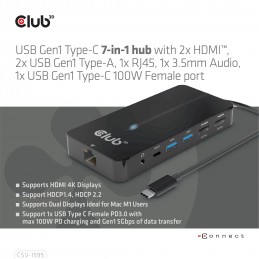 CLUB3D CSV-1595 replicatore di porte e docking station per laptop USB 3.2 Gen 1 (3.1 Gen 1) Type-C Nero