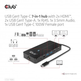 CLUB3D CSV-1595 replicatore di porte e docking station per laptop USB 3.2 Gen 1 (3.1 Gen 1) Type-C Nero