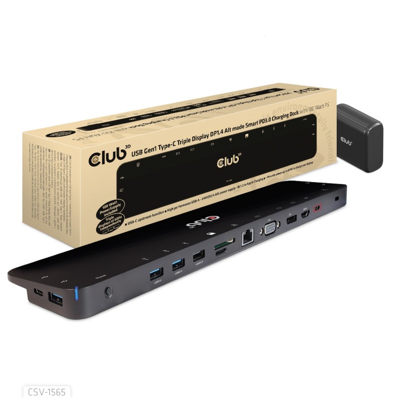CLUB3D USB Gen1 Type-C Triple Display DP1.4 Alt mode Smart PD3.0 Charging Dock with 100 Watt Power Supply CLUB3D USB Gen1 Type-C Triple Display DP1.4 Alt mode Smart PD3.0 Charging Dock with 100 Watt Power Supply