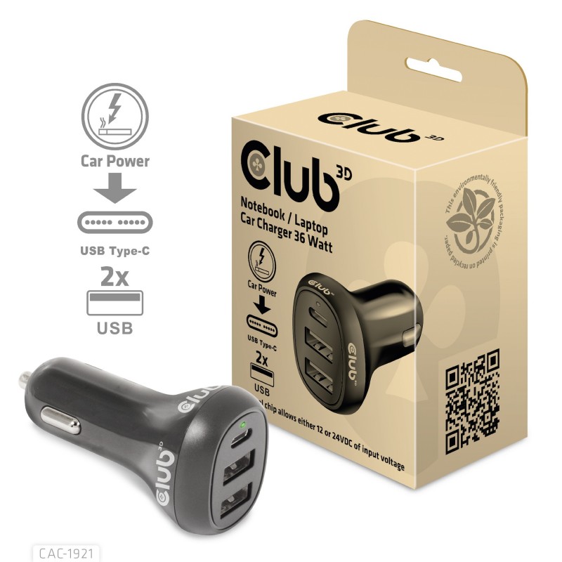 CLUB3D USB KFZ-Ladegerät 1xUSB C 2xUSB A 36W 12 24V retail CLUB3D USB KFZ-Ladegerät 1xUSB C 2xUSB A 36W 12 24V retail