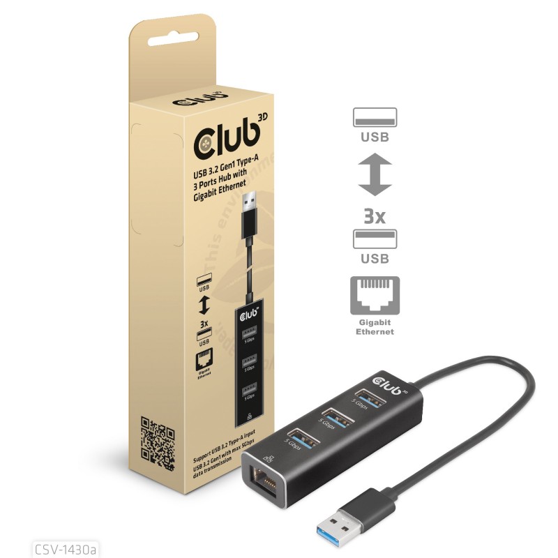 CLUB3D USB 3.2 Gen1 Type-A, 3 Ports Hub with Gigabit Ethernet CLUB3D USB 3.2 Gen1 Type-A, 3 Ports Hub with Gigabit Ethernet