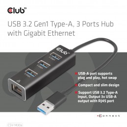 CLUB3D USB 3.2 Gen1 Type-A, 3 Ports Hub with Gigabit Ethernet