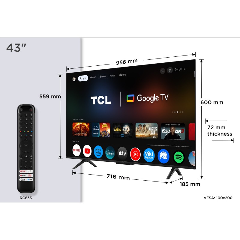 TCL P7K Serie Smart TV QLED 4K 43" 43P7K, Dolby Vision - Atmos, HDR10+, Google TV