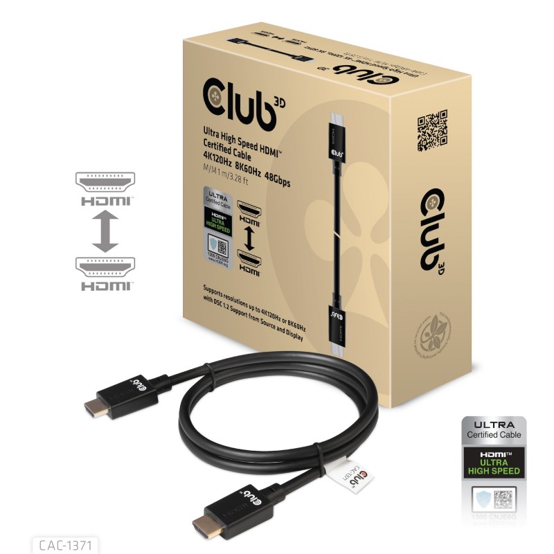 CLUB3D Ultra High Speed HDMI 4K120Hz, 8K60Hz Certified Cable 48Gbps M M 1 m 3.28 ft CLUB3D Ultra High Speed HDMI 4K120Hz, 8K60Hz Certified Cable 48Gbps M M 1 m 3.28 ft
